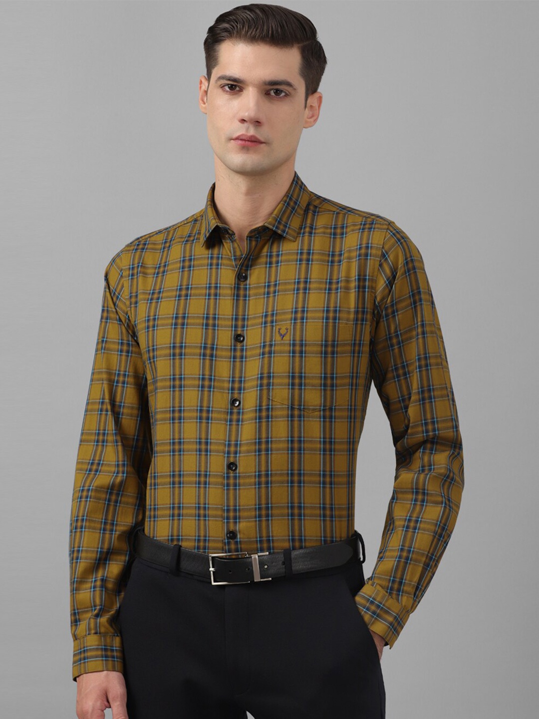 

Allen Solly Slim Fit Checked Spread Collar Pure Cotton Formal Shirt, Yellow