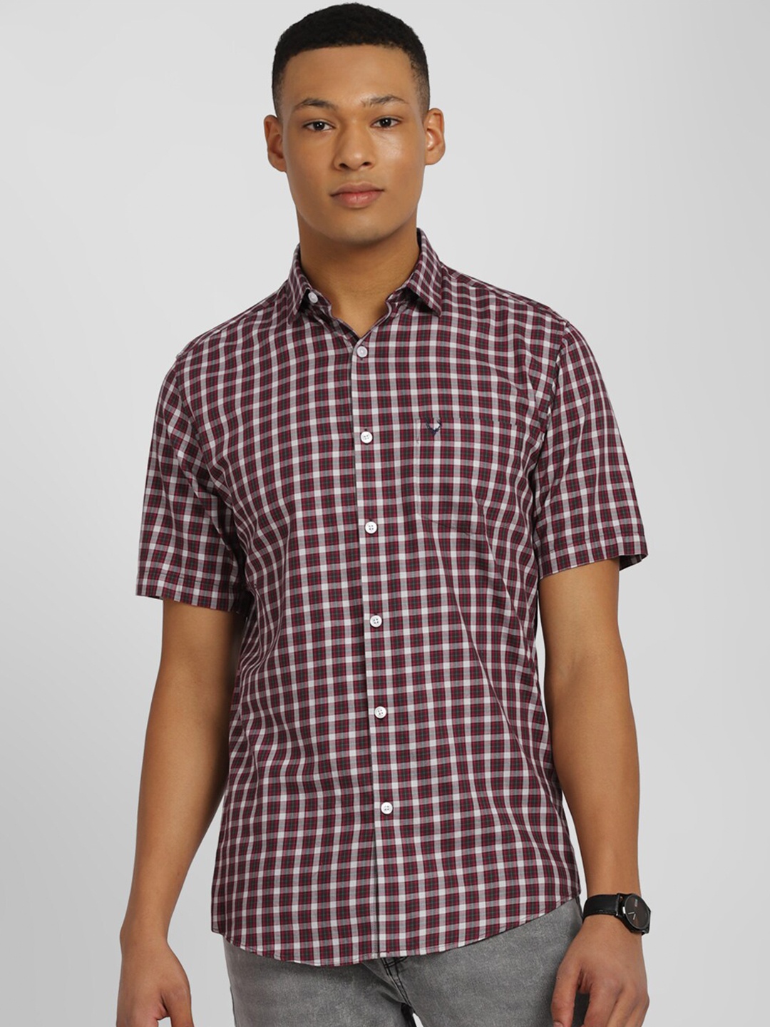 

Allen Solly Grid Tattersall Checked Slim Fit Cotton Casual Shirt, Maroon