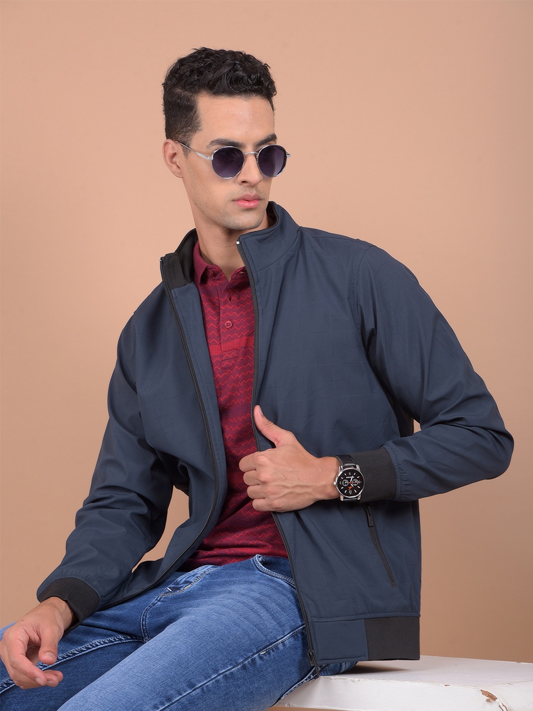 

Crimsoune Club Mock Collar Long Sleeves Lightweight Bomber Jacket, Navy blue
