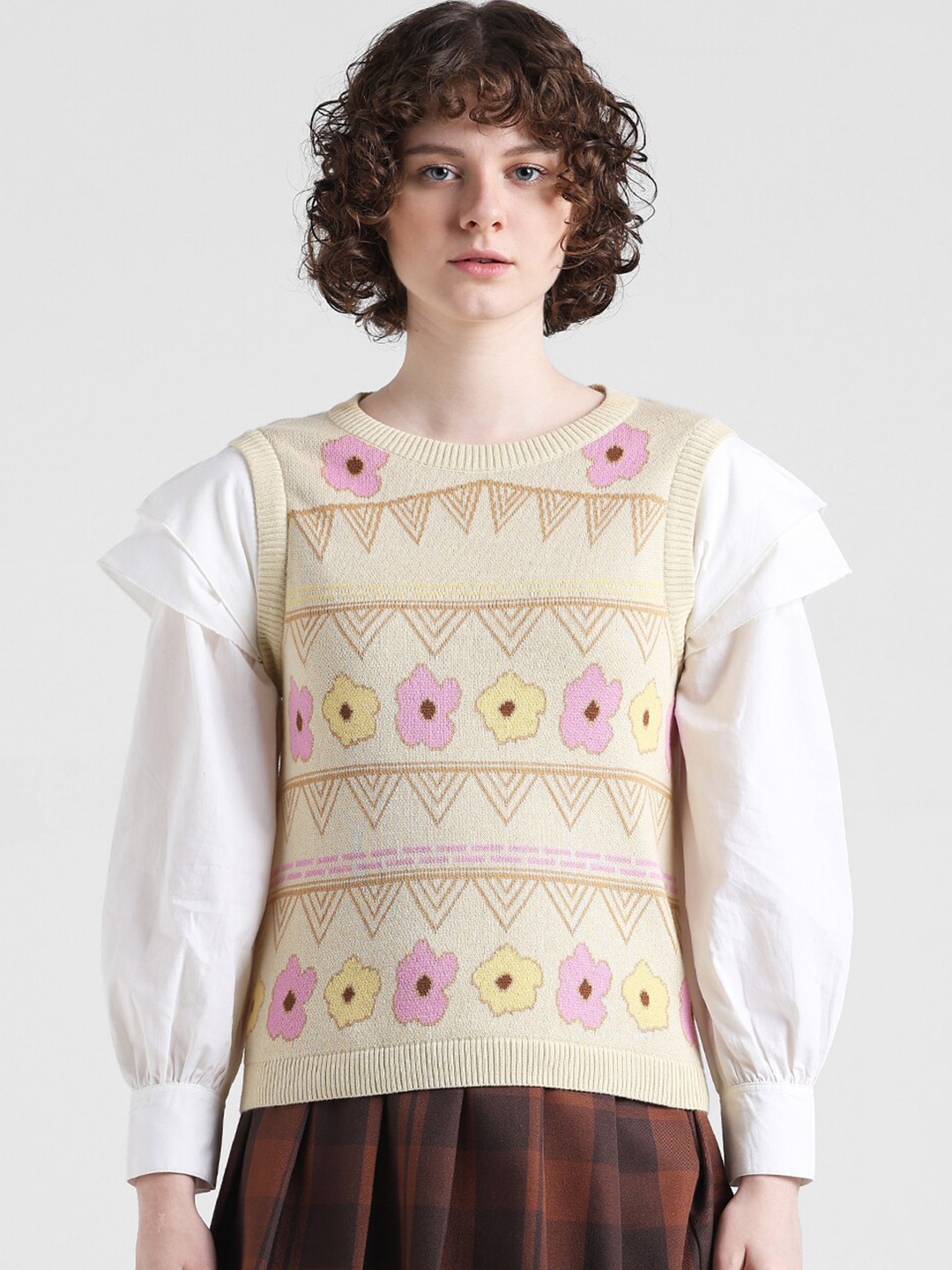 

ONLY Onlverse Ls Knit-In Floral Self Designed Pure Cotton Pullover, Beige