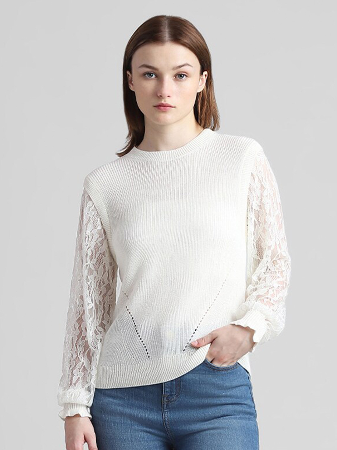 

ONLY Onlzoe Ls Knit-In Round Neck Acrylic Cotton Pullover, White