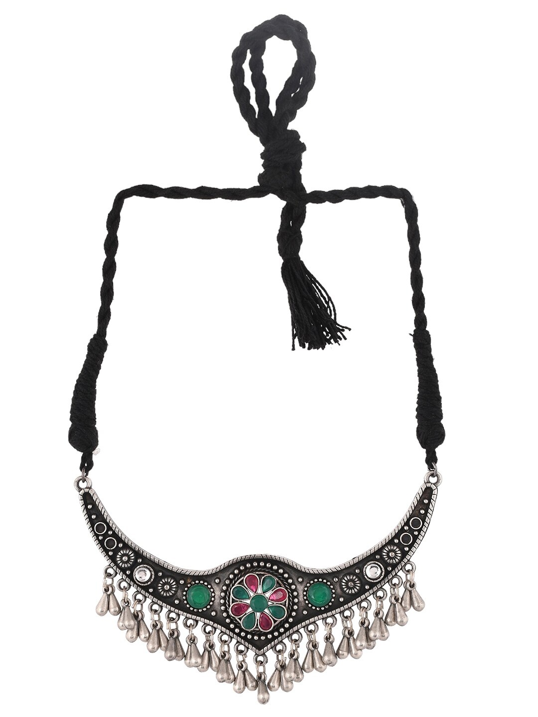 

Infuzze Brass Silver-Plated Artificial Stones & Beads Tribal Necklace, Black