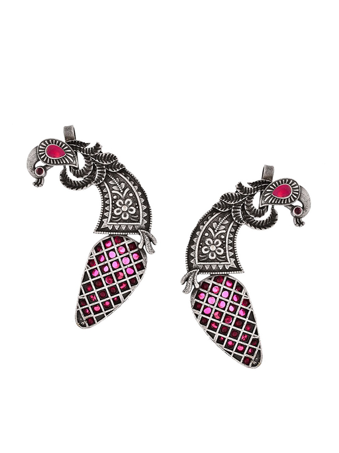 

Infuzze Silver-Plated Stone Studded Peacock Shaped Oxidised Ear Cuff