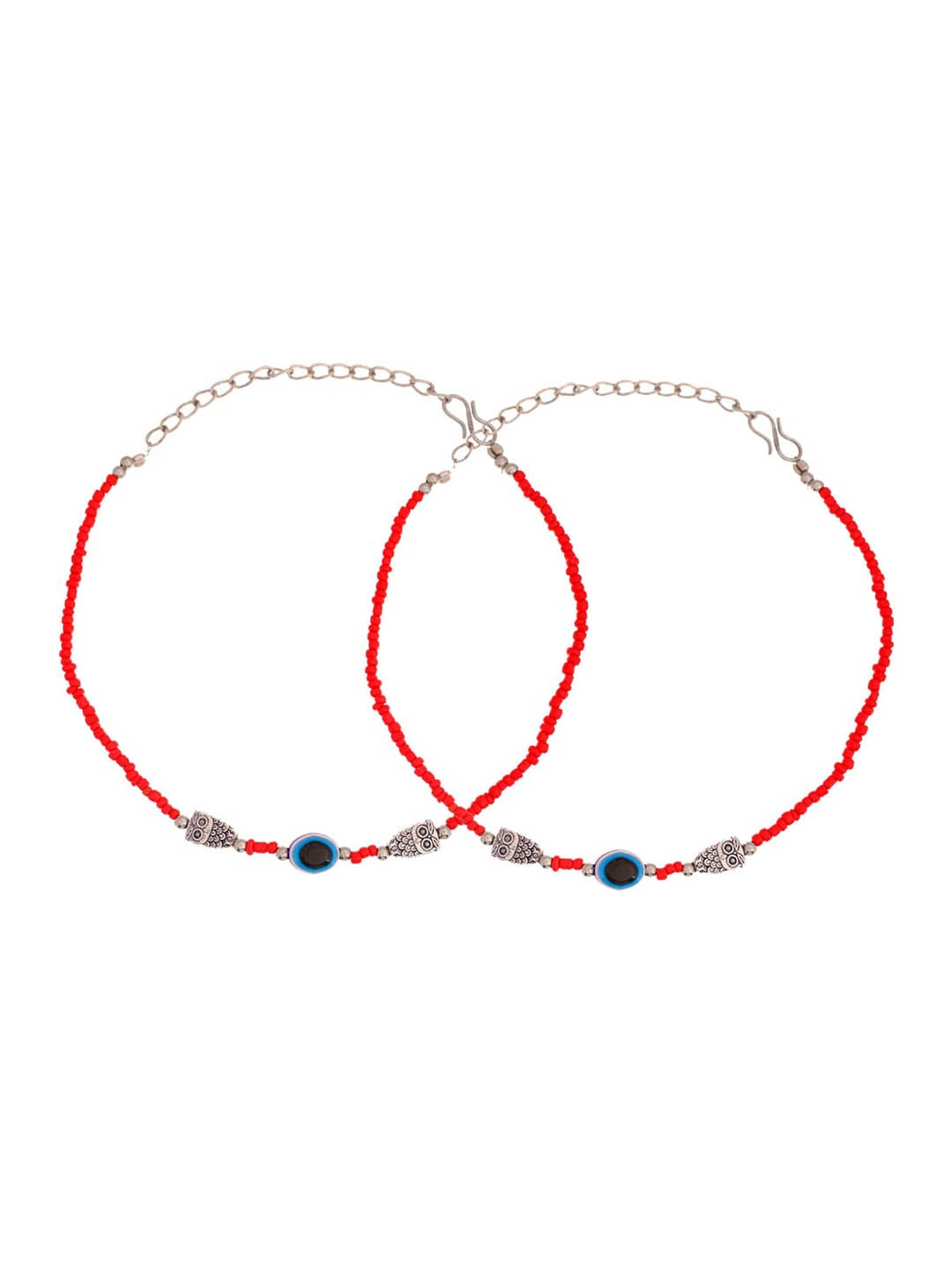 

Infuzze Set Of 2 Silver-Plated Beaded Evil Eye Owl Charm Anklets