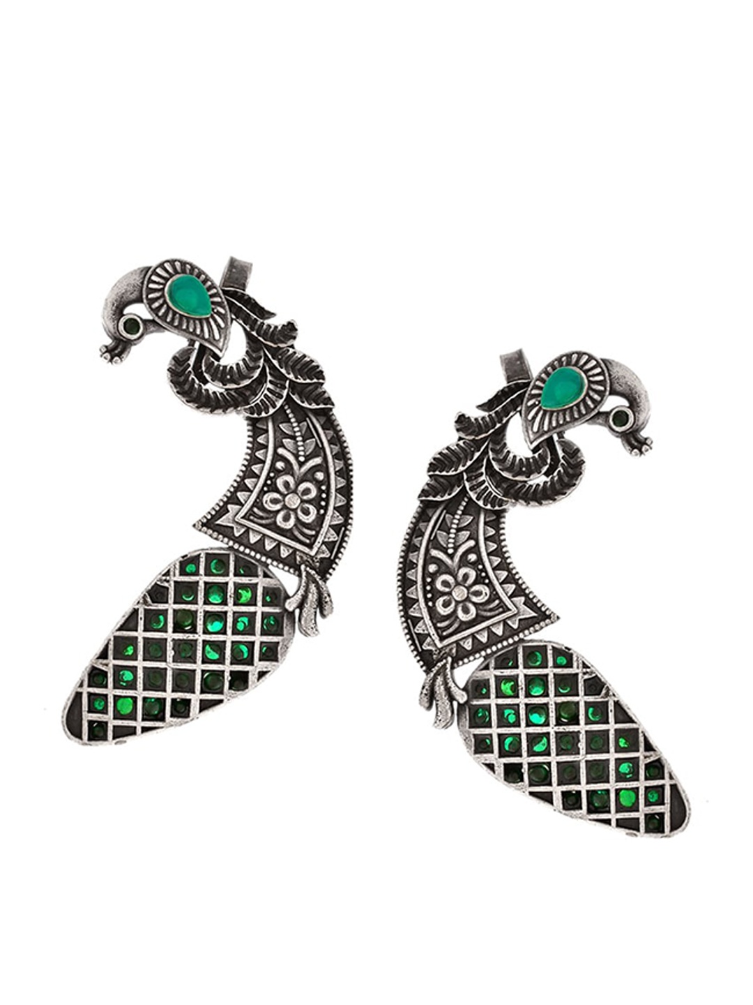 

Infuzze Silver-Plated Peacock Shaped Ear Cuff Earrings, Green