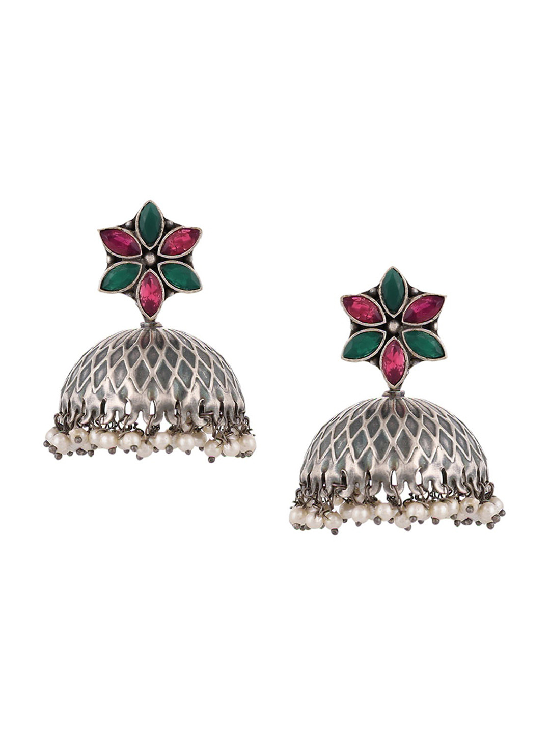 

Infuzze Silver-Plated Stone-Studded Dome Shaped Oxidised Jhumkas
