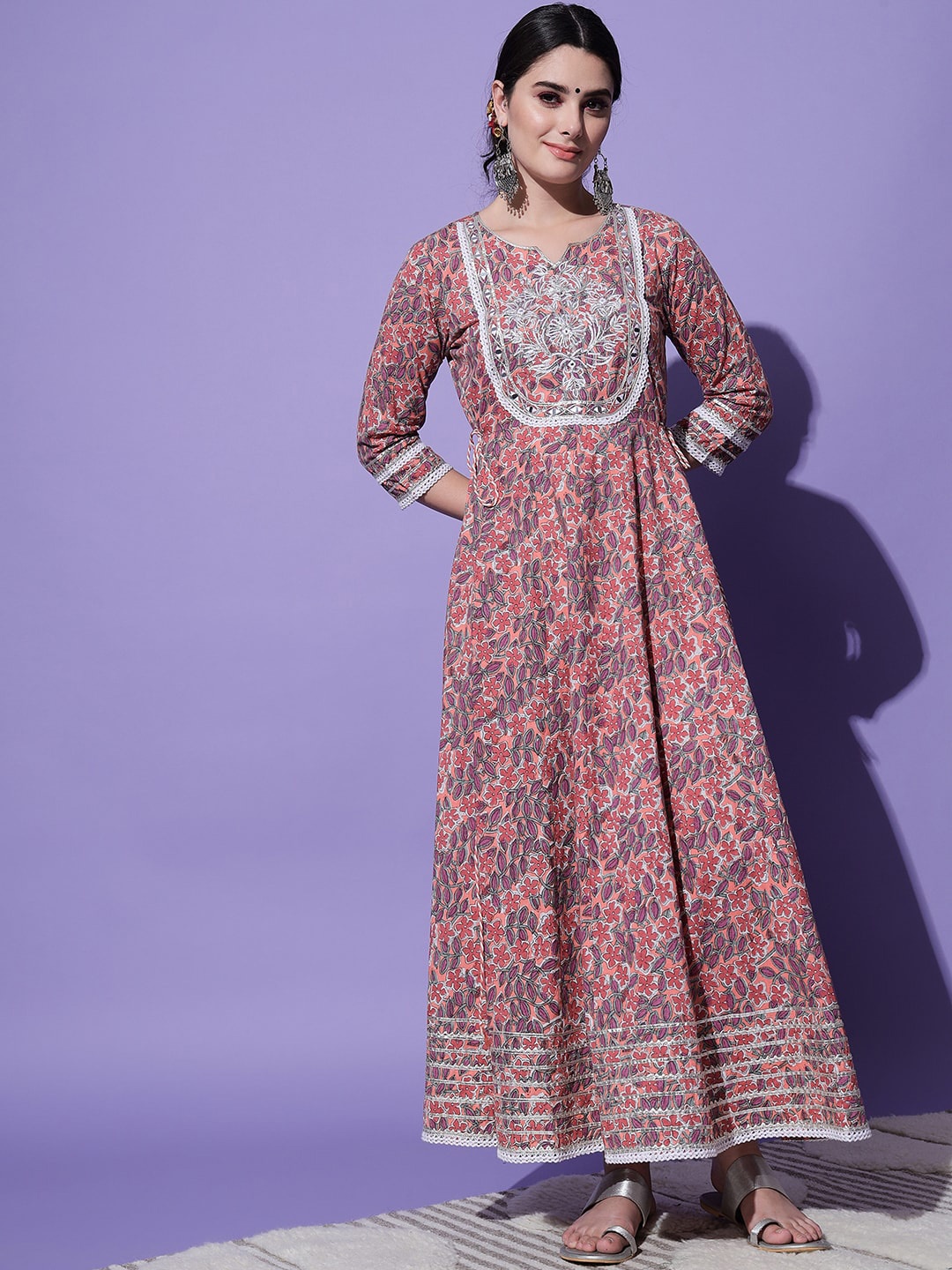 

KALINI Floral Printed Embroidered Pure Cotton Anarkali Kurta, Peach