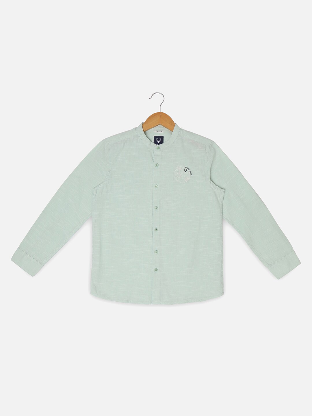 

Allen Solly Junior Boys Textured Self Design Mandarin Collar Pure Cotton Casual Shirt, Sea green