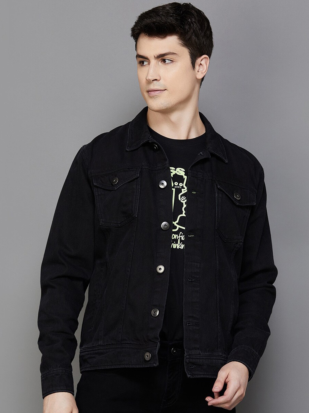 

SmileyWorld Typography Printed Long Sleeves Cotton Denim Jacket, Black