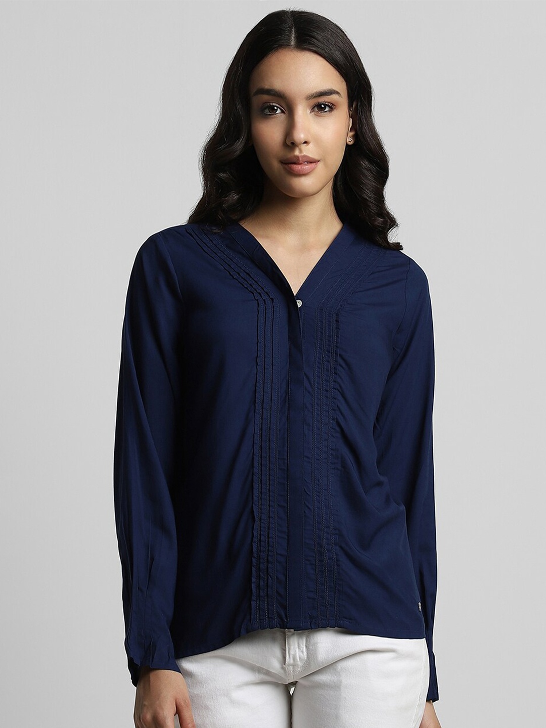 

Allen Solly Woman Long Sleeves Collarless Casual Shirt, Navy blue