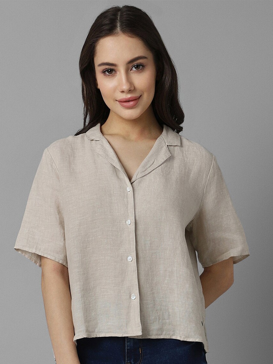 

Allen Solly Woman Short Sleeves Lapel Collar Casual Shirt, Beige