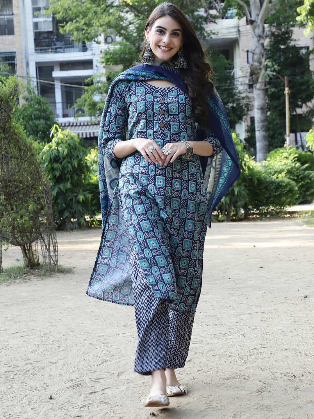 

7Threads Ethnic Motifs Printed Pure Cotton Kurta with Trousers & Dupatta, Blue