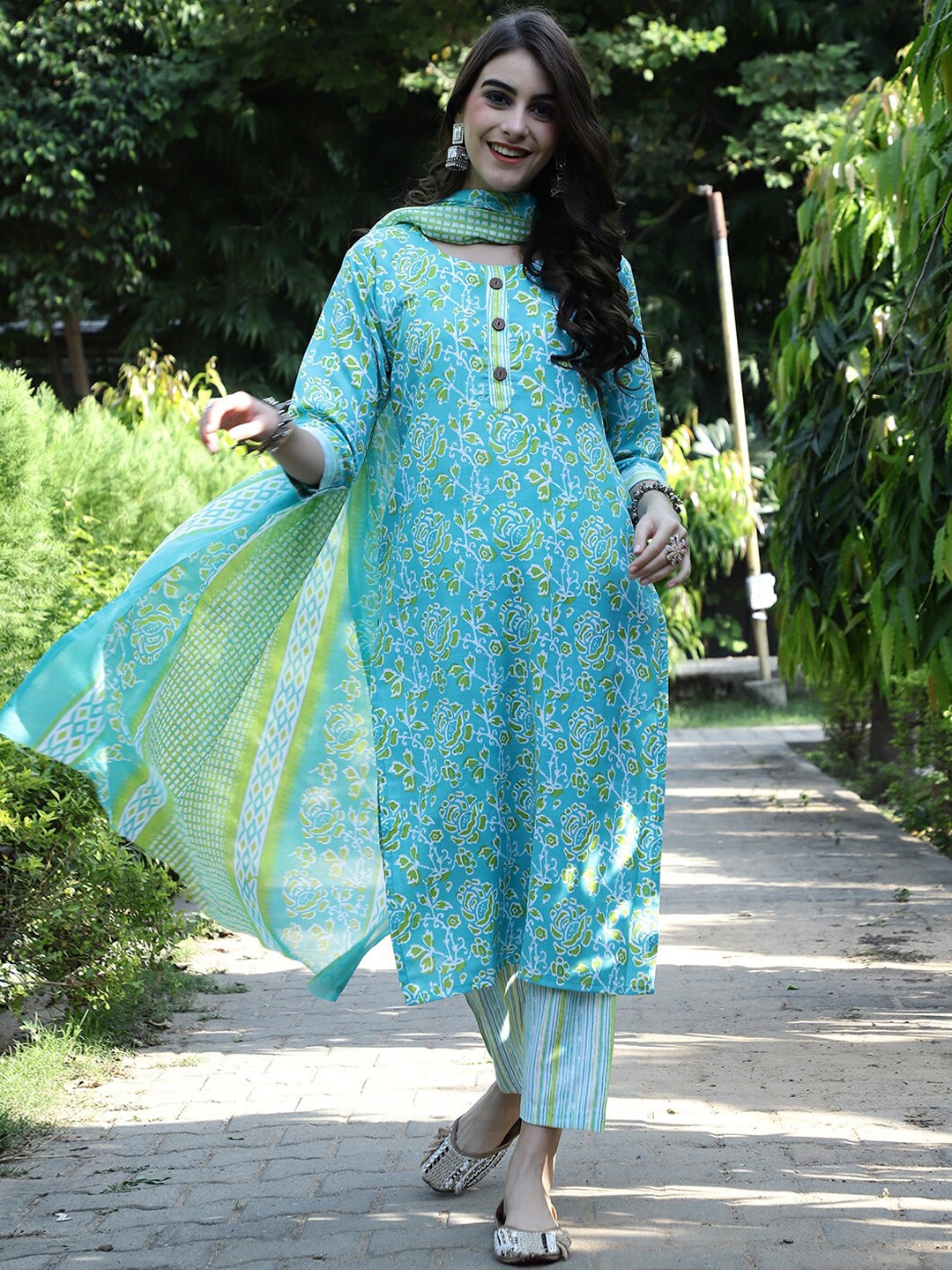 

7Threads Floral Printed Pure Cotton Kurta with Trousers & Dupatta, Turquoise blue