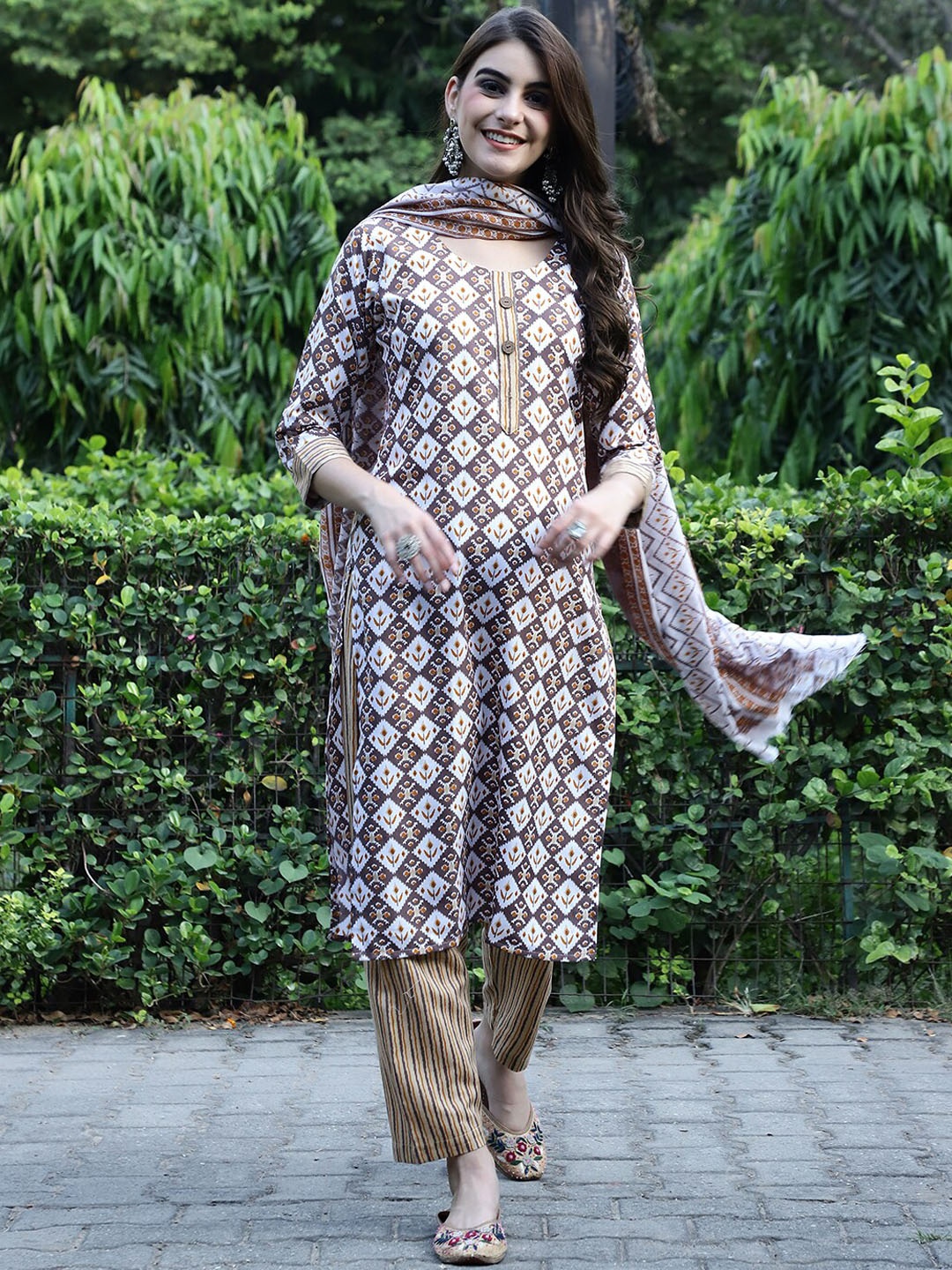

7Threads Ethnic Motifs Printed Pure Cotton Kurta with Trousers & Dupatta, Brown