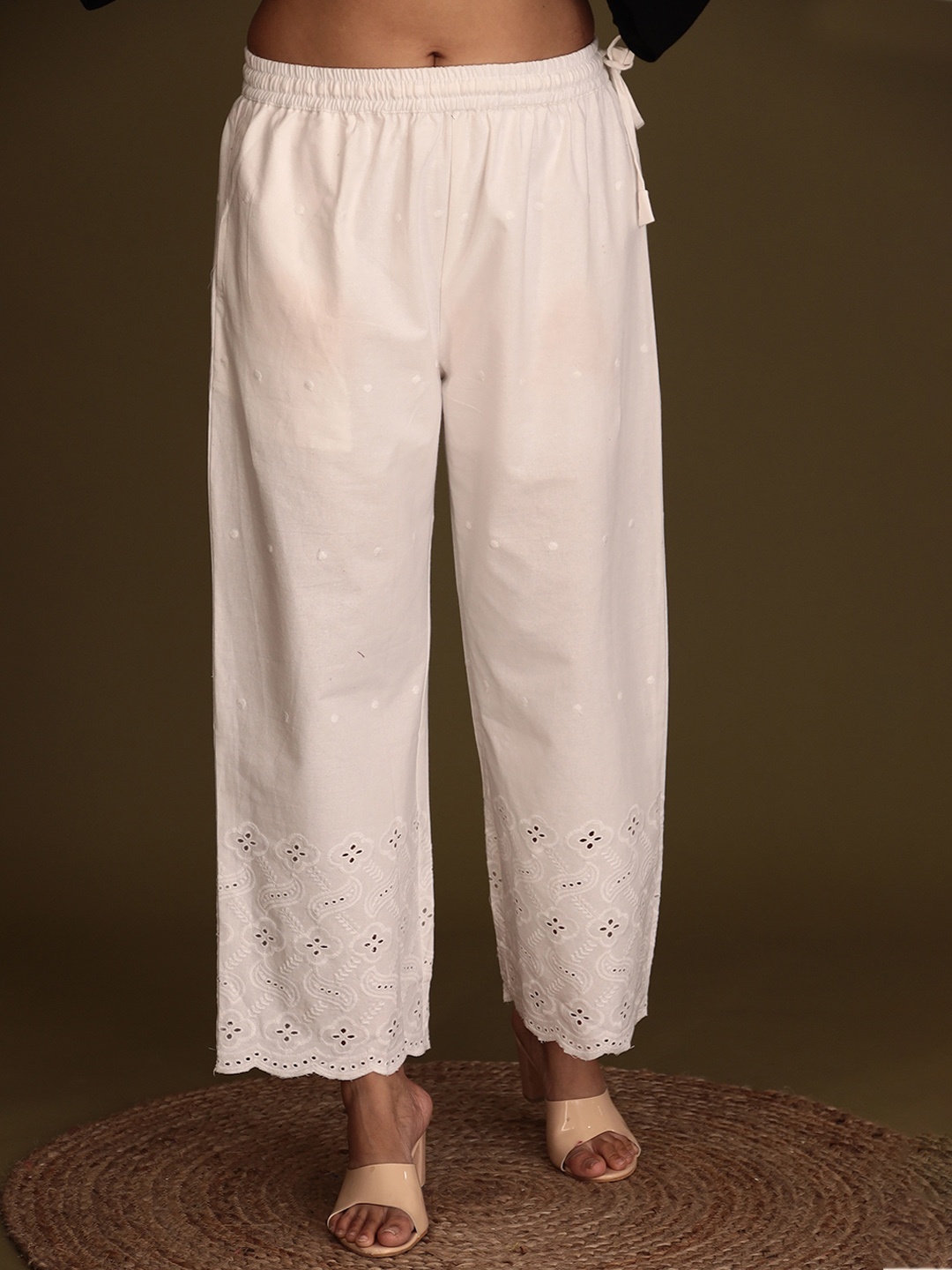 

ZARI Floral Embroidered Straight Fit Cotton Ethnic Palazzos, White