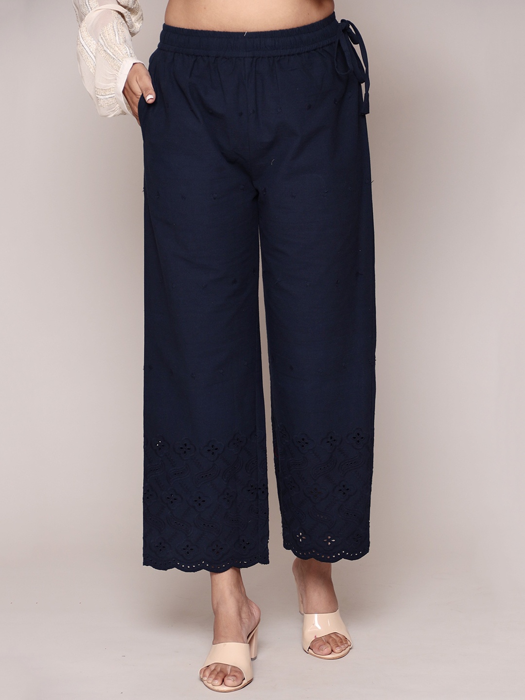 

ZARI Floral Embroidered Straight Fit Cotton Ethnic Palazzos, Blue