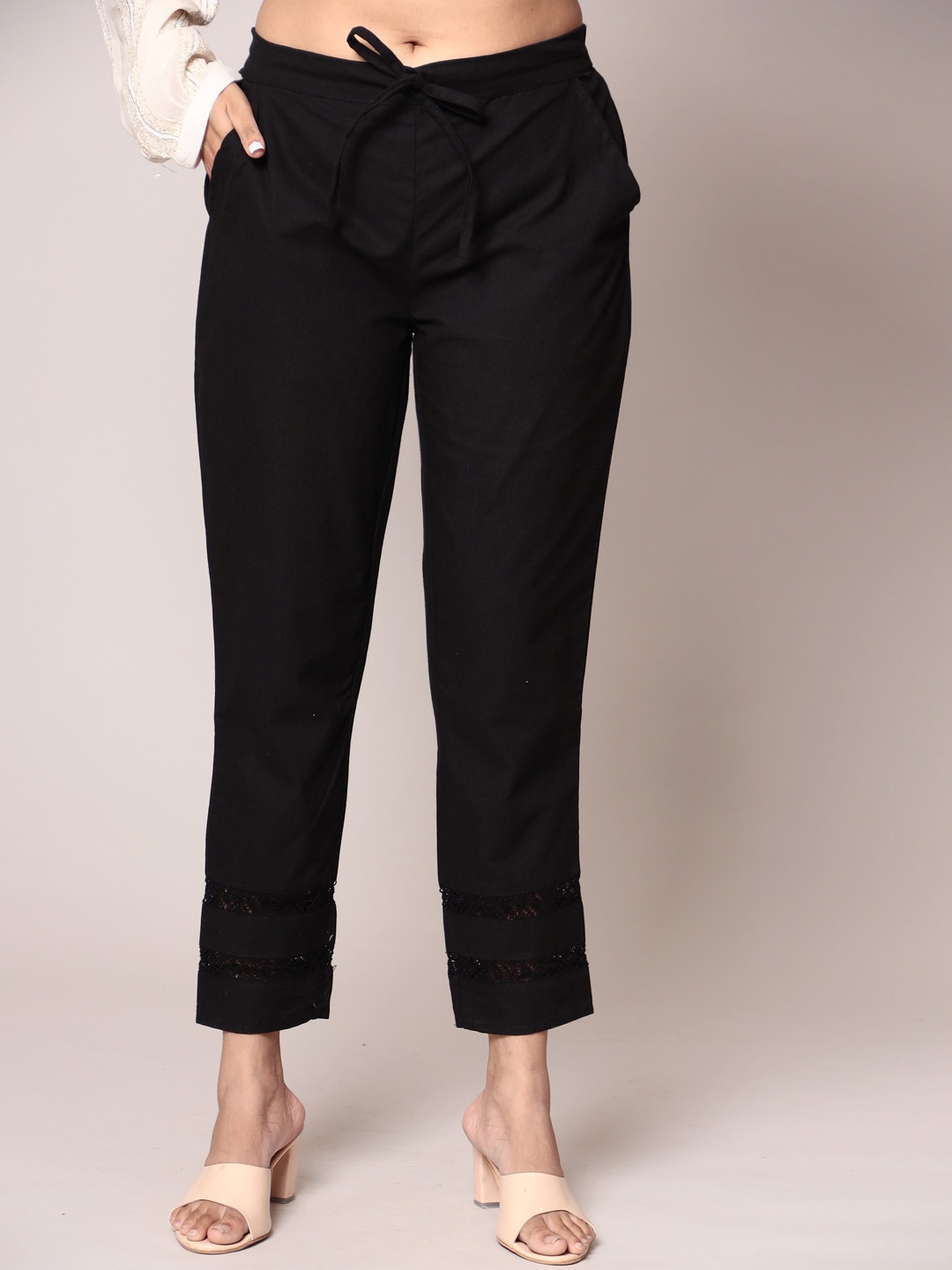 

ZARI Women Floral Embroidery Jaipur Cotton Trousers, Black