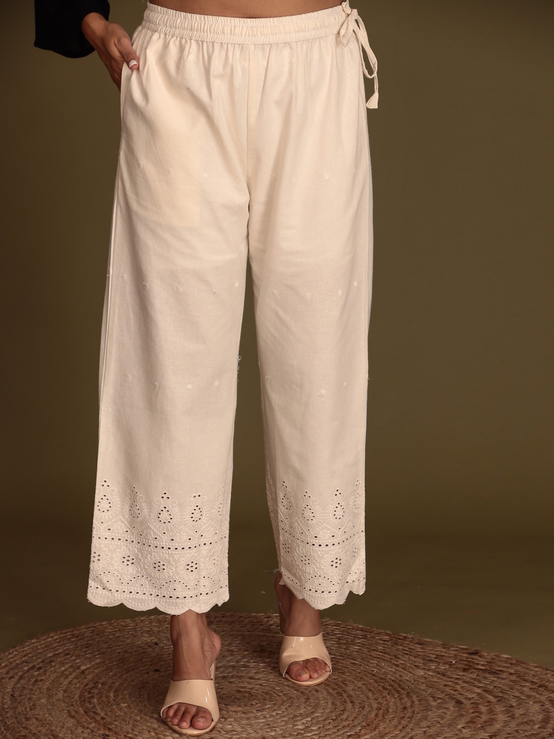 

ZARI Floral Embroidered Straight Fit Cotton Ethnic Palazzos, White