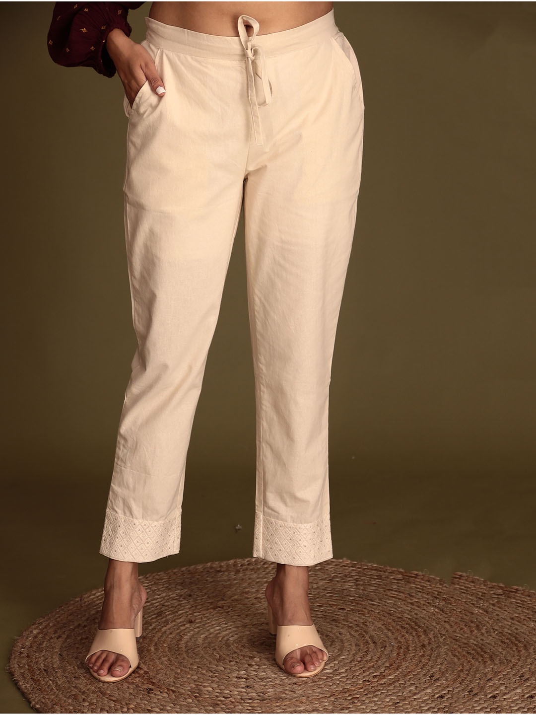 

ZARI Women Floral Embroidery Jaipur Cotton Trousers, Cream