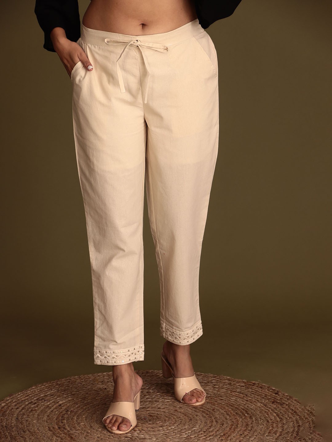 

ZARI Women Mid-Rise Embroidered Detailed Cotton Cigarette Trousers, Cream