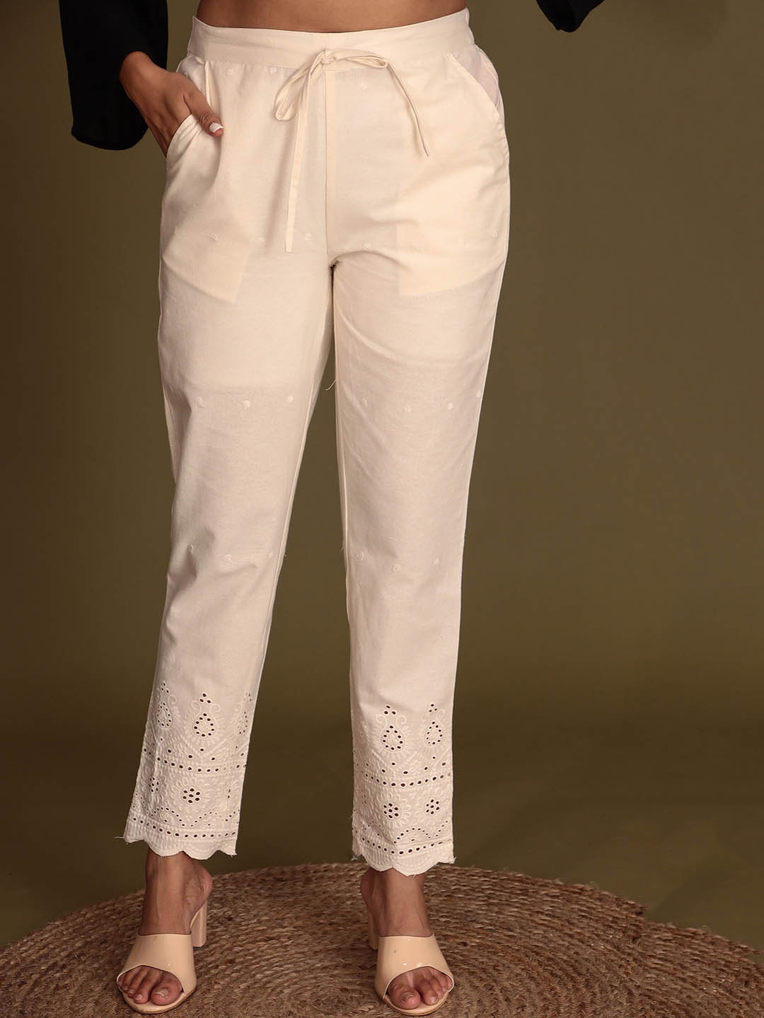 

ZARI Women Mid-Rise Embroidered Detailed Cotton Cigarette Trousers, Cream