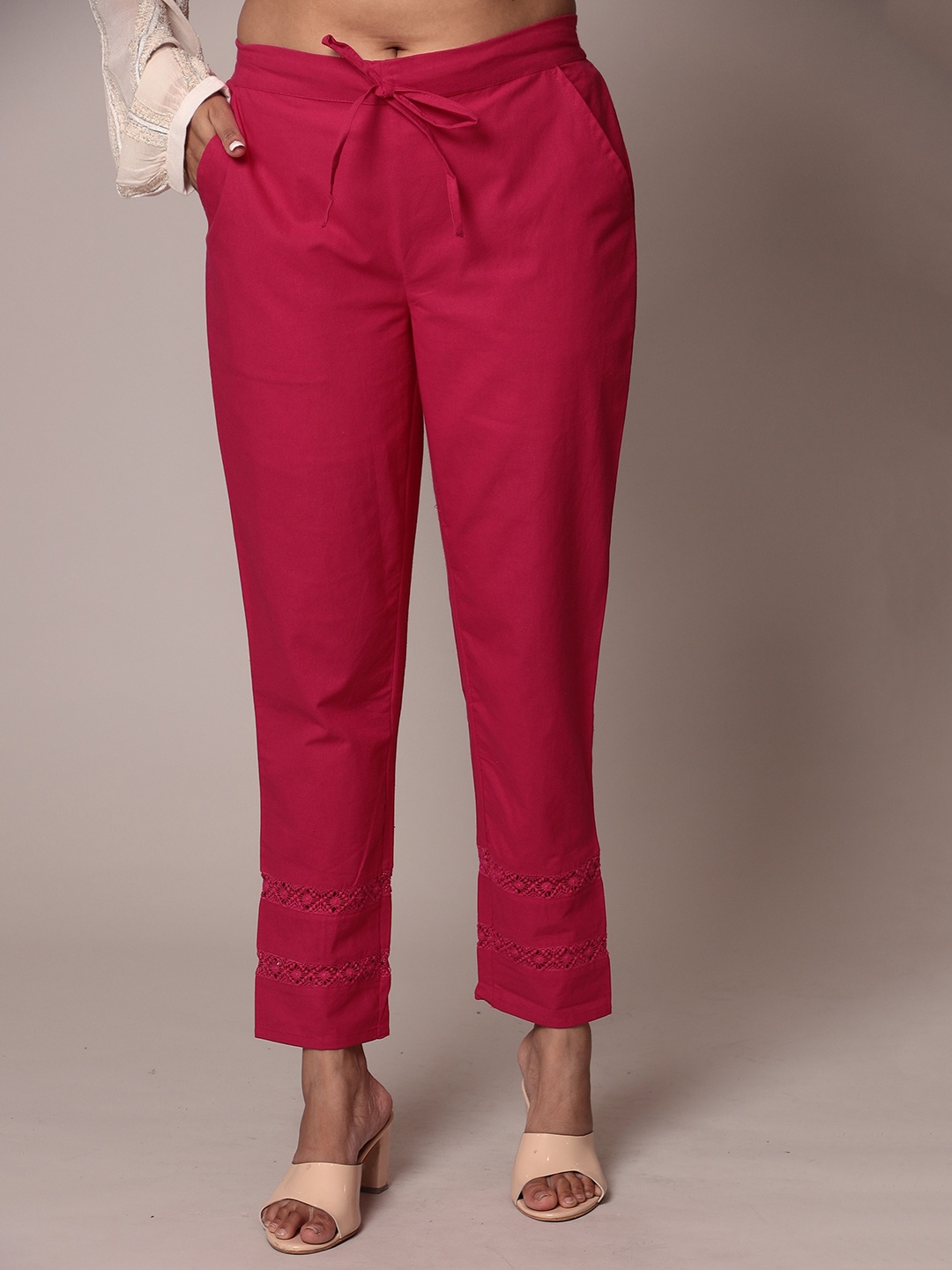 

ZARI Women Mid-Rise Embroidered Detailed Cotton Cigarette Trousers, Pink