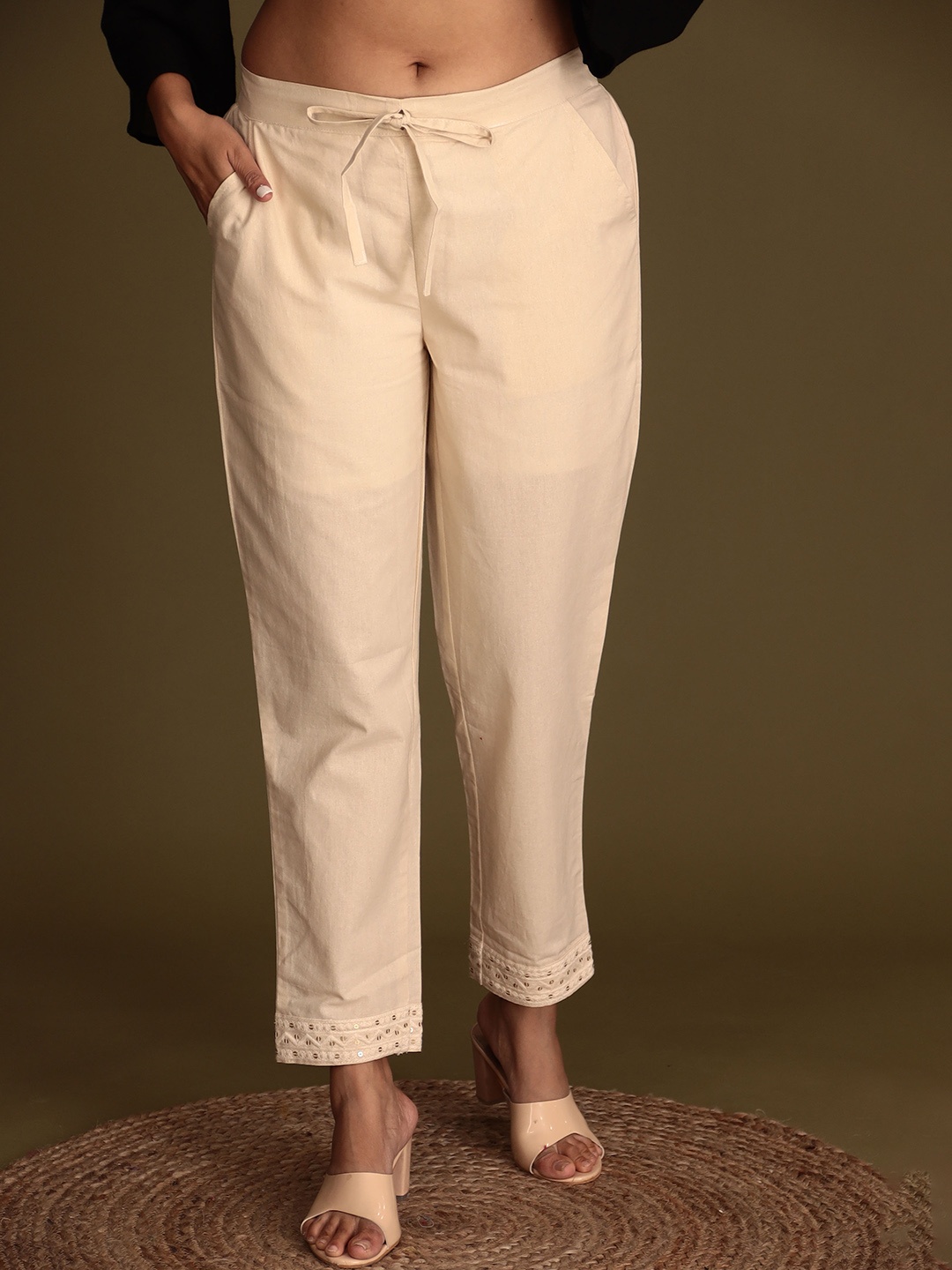 

ZARI Women Mid-Rise Embroidered Detailed Cotton Cigarette Trousers, Cream
