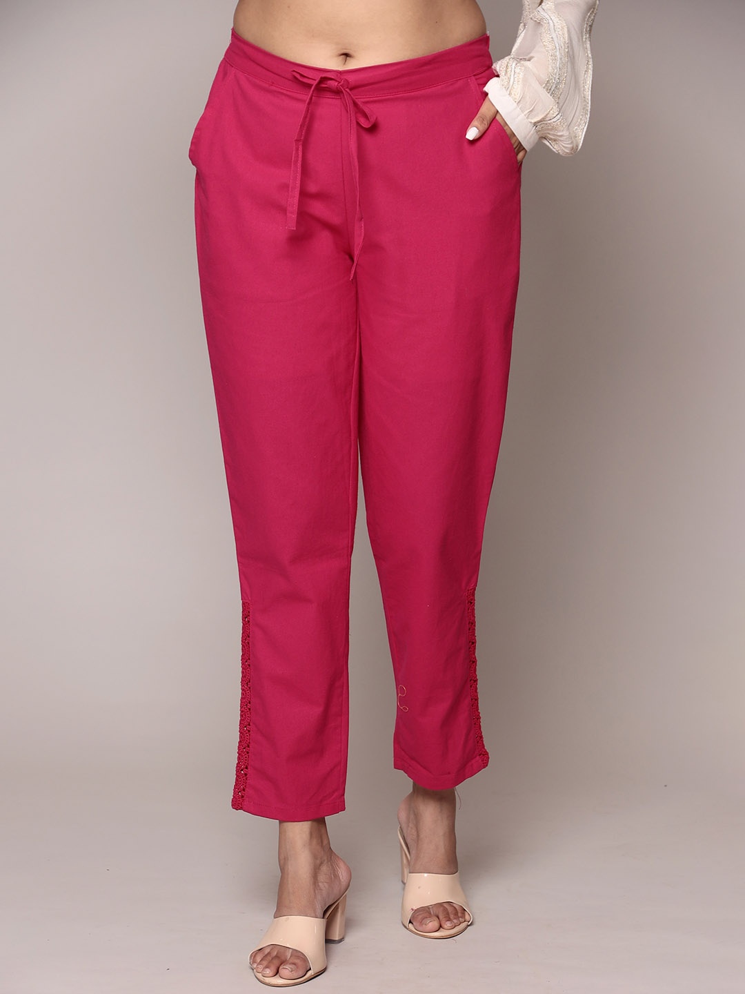 

ZARI Women Mid-Rise Embroidered Detailed Cotton Cigarette Trousers, Pink