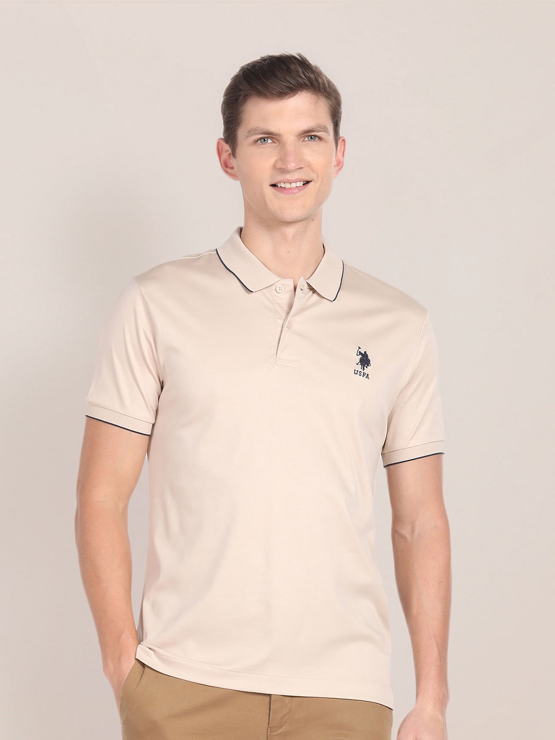 

U.S. Polo Assn. Polo Collar Pure Cotton Slim Fit T-shirt, Beige