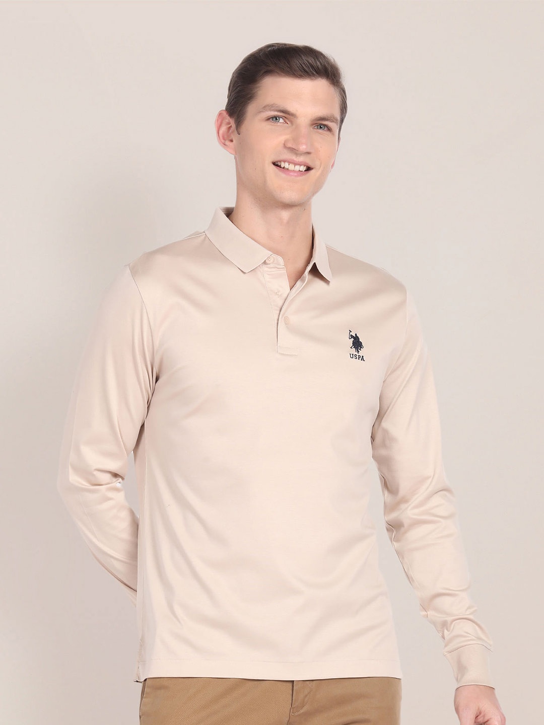 

U.S. Polo Assn. Solid Polo Collar Slim Fit Pure Cotton T-shirt, Beige