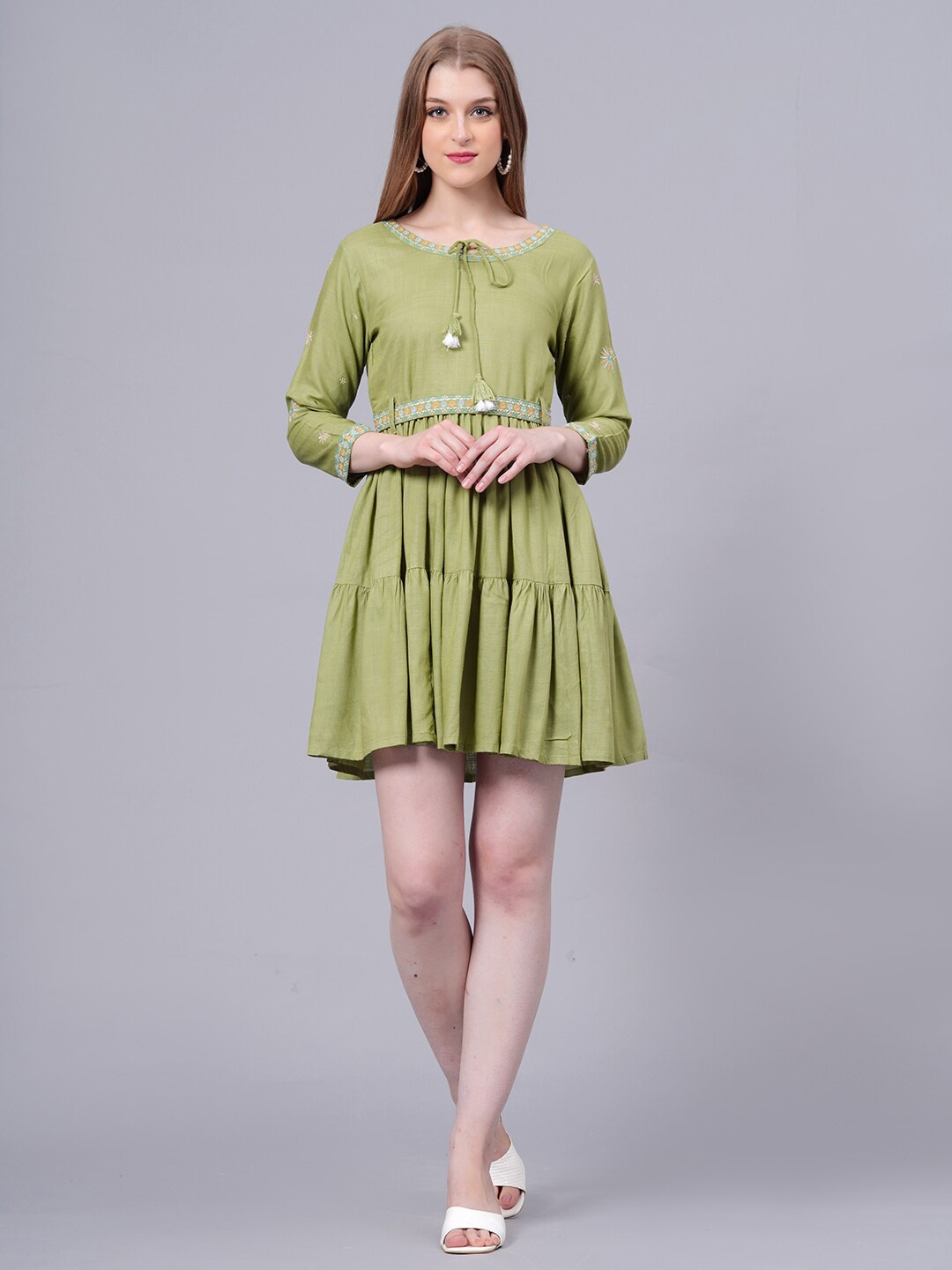 

HIGHLIGHT FASHION EXPORT Floral Embroidered Tie Up Neck Fit & Flare Dress, Green