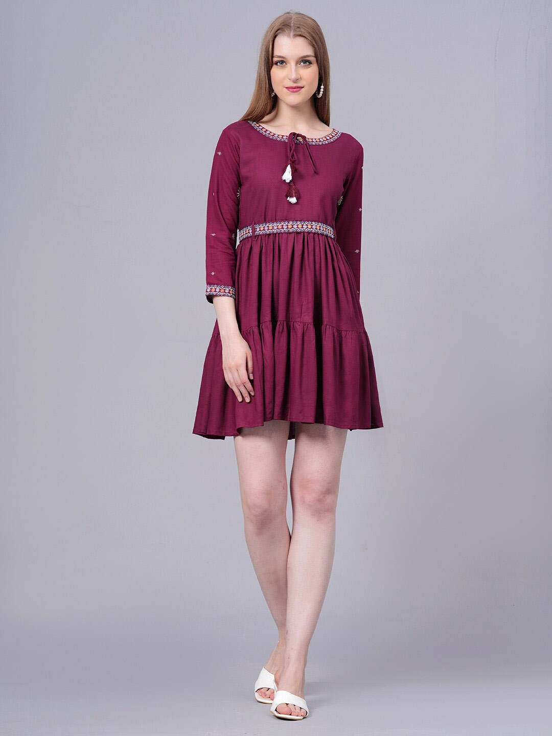 

HIGHLIGHT FASHION EXPORT Floral Embroidered Tie Up Neck Fit & Flare Dress, Maroon