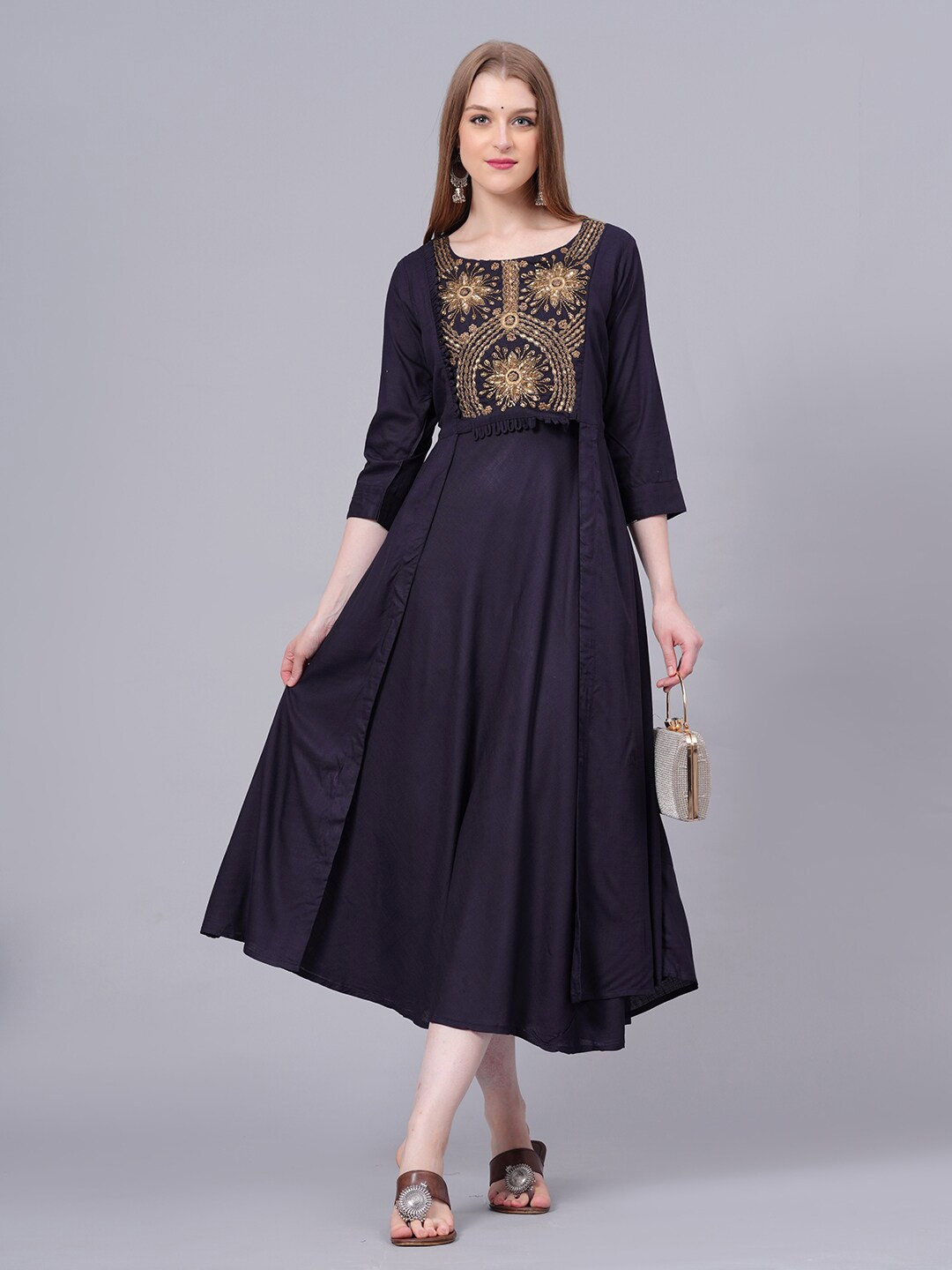 

HIGHLIGHT FASHION EXPORT Floral Embellished A-Line Ethnic Dress, Navy blue