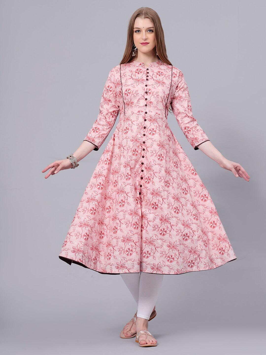 

HIGHLIGHT FASHION EXPORT Floral Printed Mandarin Collar A-line Kurta, Pink