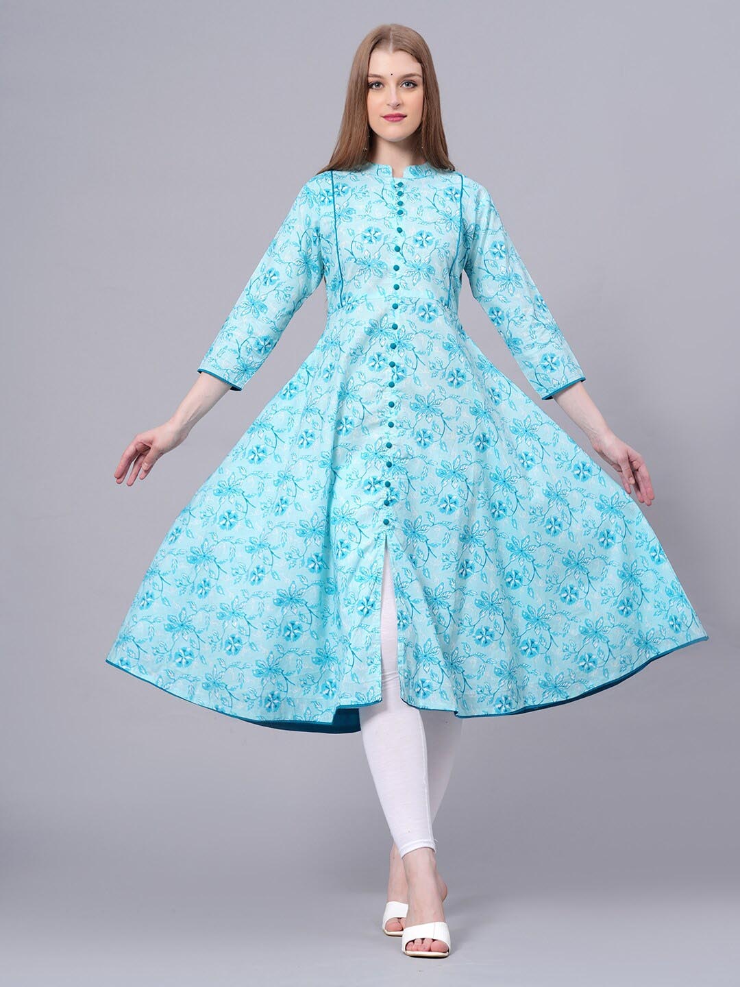 

HIGHLIGHT FASHION EXPORT Floral Printed Mandarin Collar Fit & Flare Cotton Dress, Blue