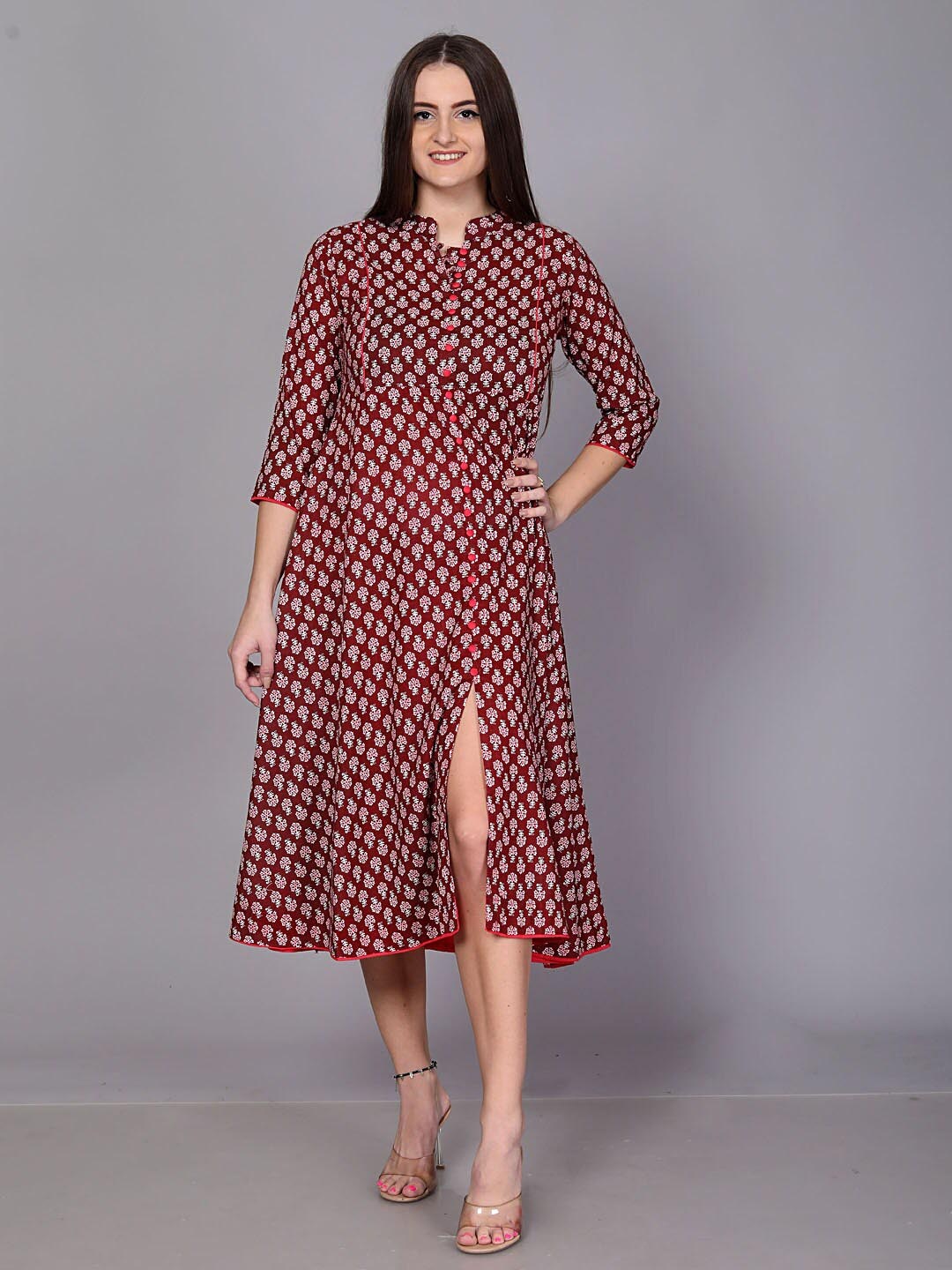 

HIGHLIGHT FASHION EXPORT Ethnic Motifs Printed Fit & Flare Midi Dress, Maroon