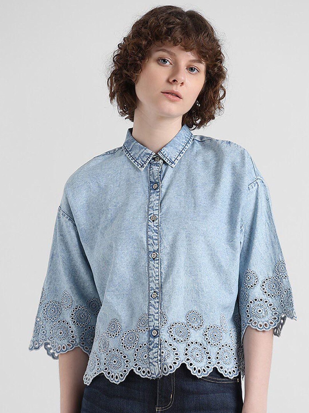 

ONLY Onltroop SS Schiffli Drop-Shoulder Sleeves Denim Casual Shirt, Blue