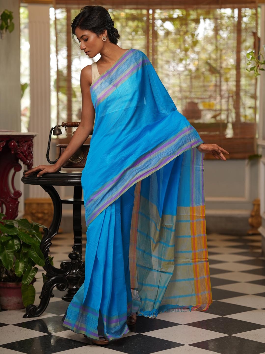 

Unnati Silks Pure Cotton Handloom Mangalagiri Saree, Blue