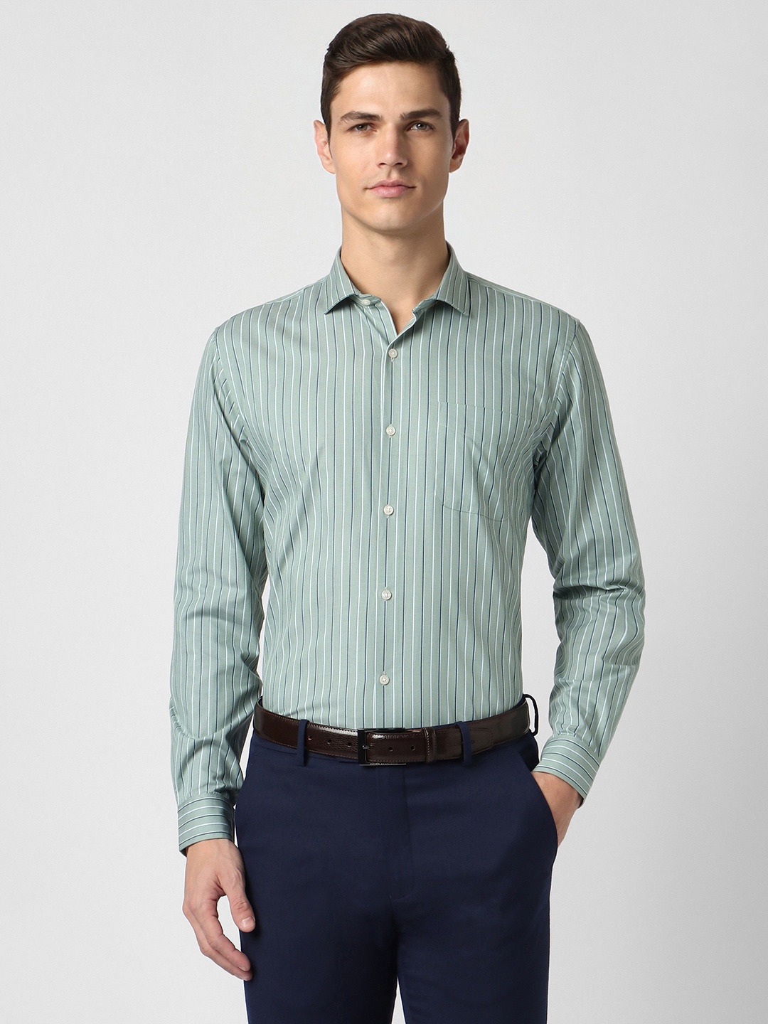 

Peter England Slim Fit Vertical Stripes Opaque Cotton Formal Shirt, Green