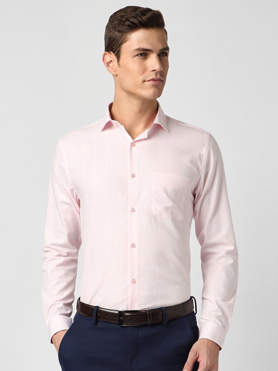 

Peter England Slim Fit Checked Spread Collar Long Sleeve Pocket Formal Shirt, Pink