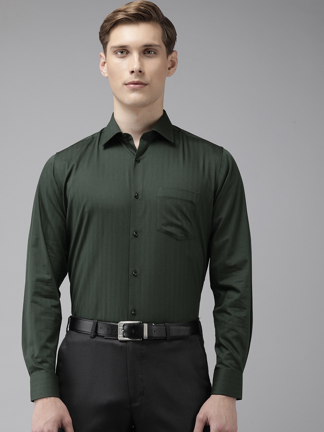 

Van Heusen Pure Cotton Custom Fit Self Striped Opaque Formal Shirt, Green