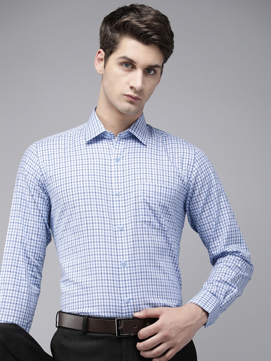 

Van Heusen Pure Cotton Custom Fit Opaque Checked Formal Shirt, Blue