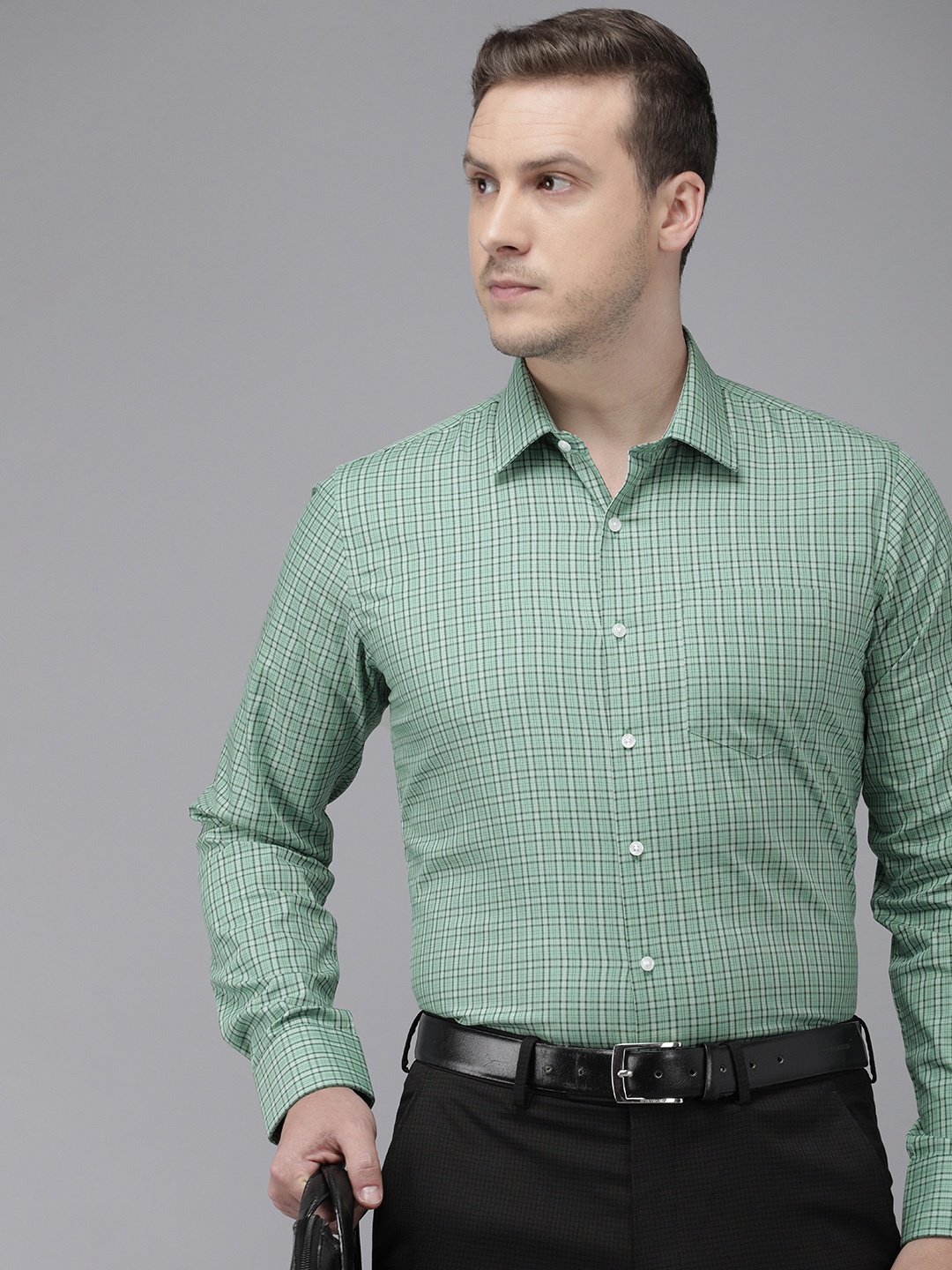 

Van Heusen Slim Fit Checked Pure Cotton Formal Shirt, Green