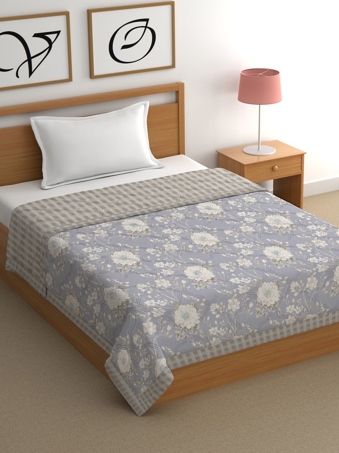 

CHHAVI INDIA Grey & Blue Floral Printed AC Room 350 GSM Single Bed Comforter