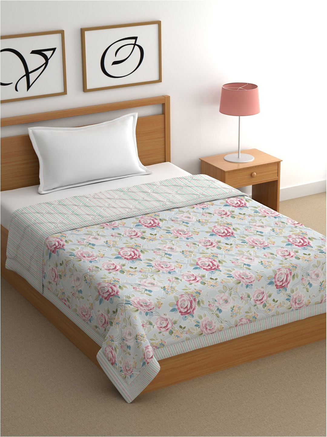 

CHHAVI INDIA Blue & Pink Floral Printed AC Room 350 GSM Single Bed Comforter