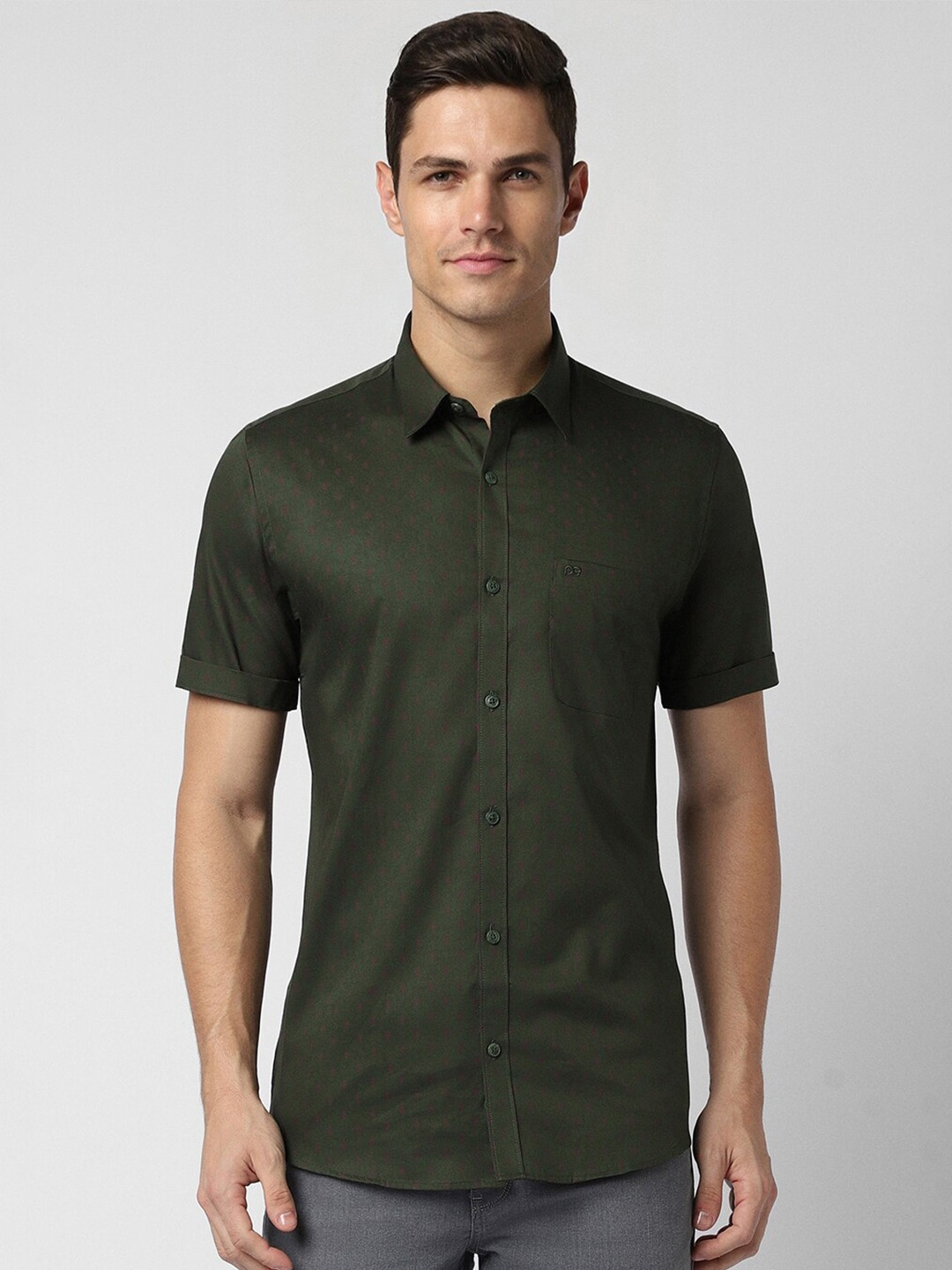 

Peter England Casuals Micro Ditsy Printed Slim Fit Pure Cotton Casual Shirt, Olive