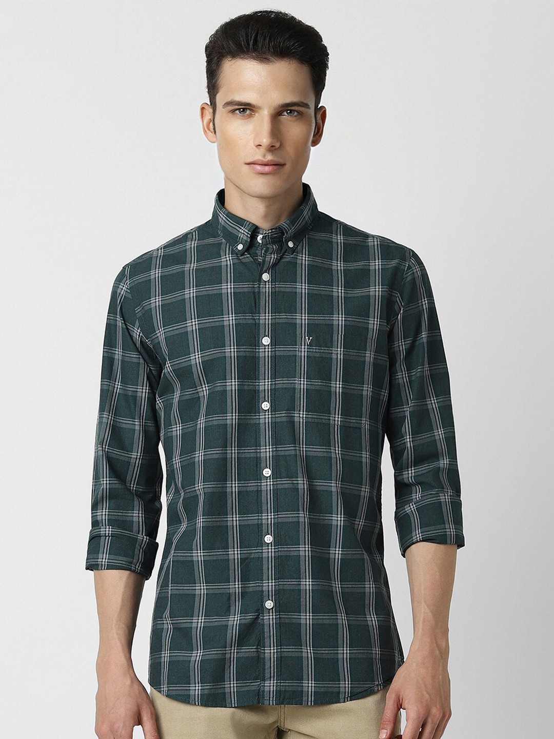 

Van Heusen Sport Slim Fit Tartan Checked Pure Cotton Casual Shirt, Green