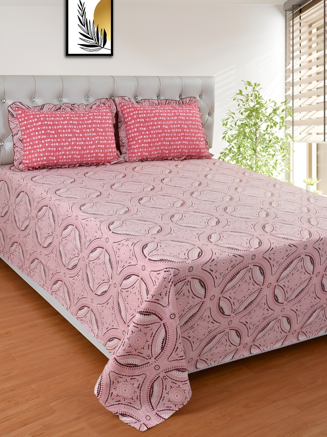 

BREVARD Pink & Maroon Ethnic Motifs 210 TC King Bedsheet with 2 Pillow Covers