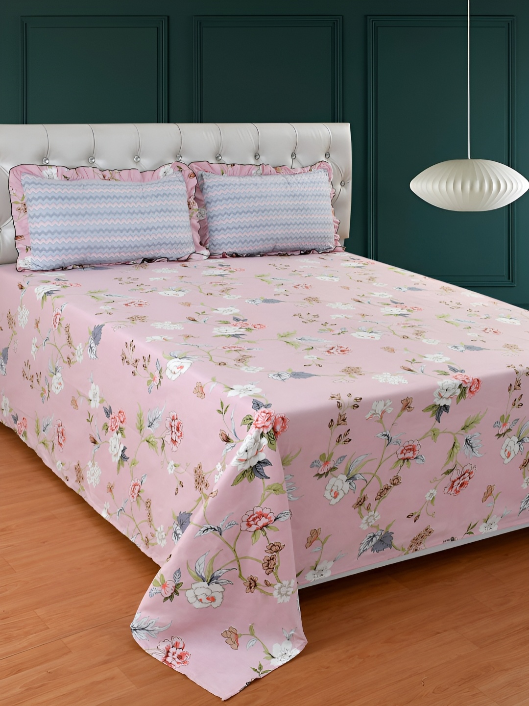 

BREVARD Pink Floral Printed 210 TC King Bedsheet With 2 Pillow Covers