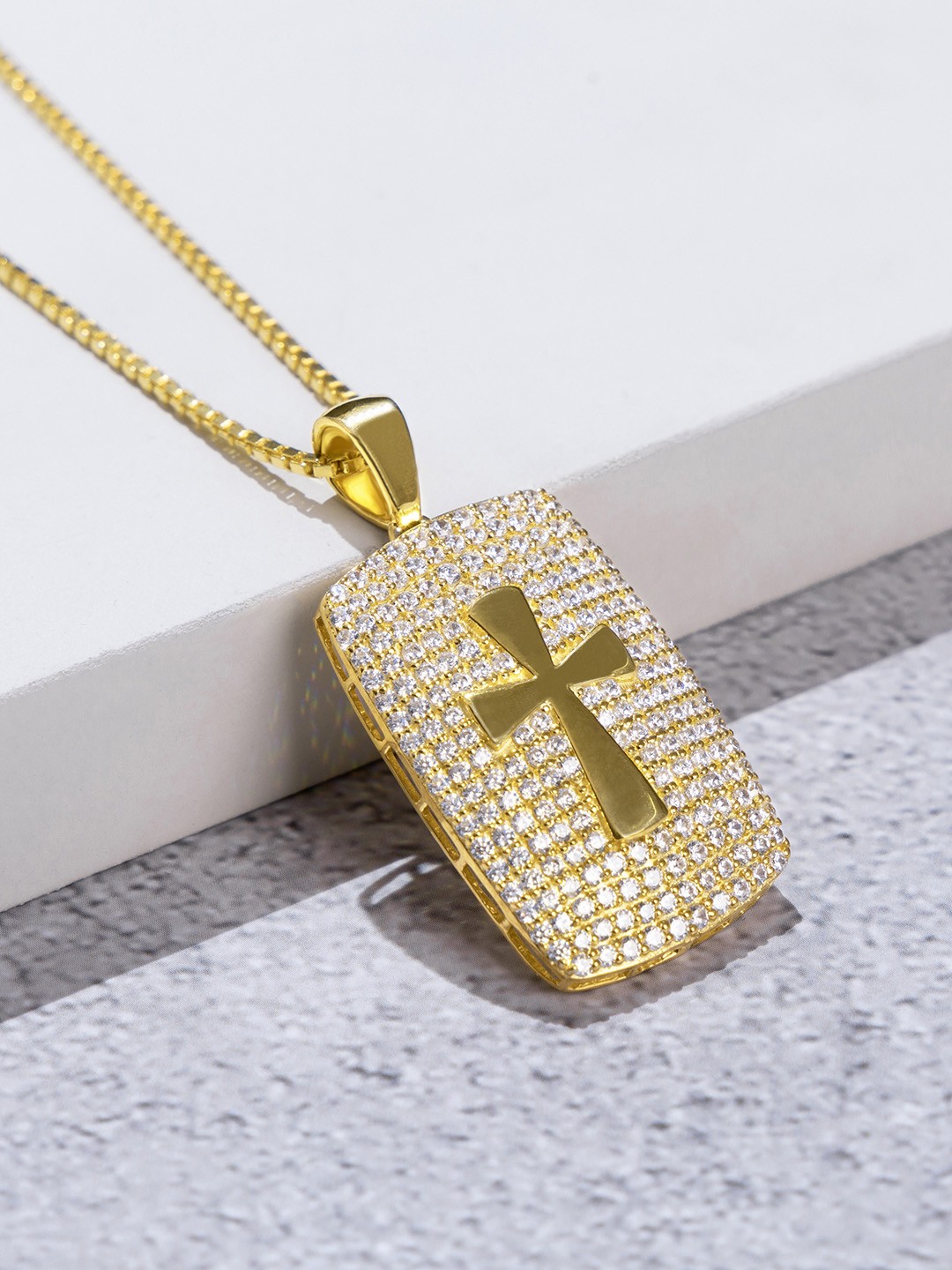 

ORIONZ Sterling Silver Gold-Plated Diamond Cross Pendant With Chain, Yellow